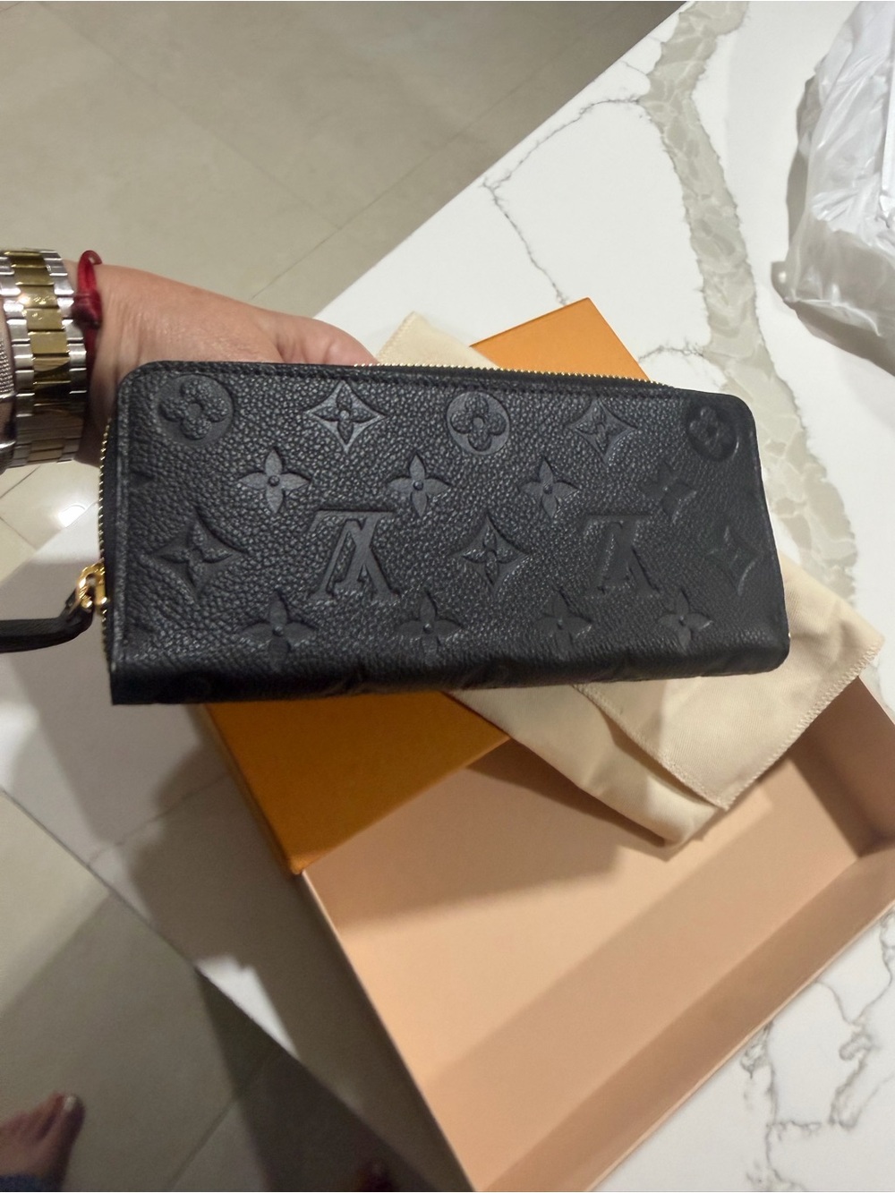 Louis Vuitton Black Monogram Embossed Zip Around Wallet with Wristlet